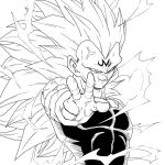  1boy bare_shoulders bodysuit commentary_request dragon_ball dragon_ball_z electricity facial_mark forehead_mark gloves greyscale hatching_(texture) long_hair looking_at_viewer majin_vegeta monochrome no_eyebrows outstretched_arm outstretched_hand simple_background smirk solo spiky_hair super_saiyan super_saiyan_3 taaa vegeta veins 