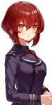  1girl 86_-eightysix- absurdres bangs black_shirt buttons closed_mouth eyebrows_visible_through_hair hair_between_eyes highres kurena_kukumila military military_uniform necktie red_necktie redhead scarlet23i0 shirt short_hair simple_background uniform white_background yellow_eyes 