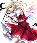  1girl :| bangs black_eyes blonde_hair blunt_bangs braid closed_mouth collared_shirt commentary crescent crystal eyebrows_visible_through_hair flandre_scarlet hair_ribbon laevatein_(touhou) looking_at_viewer nubezon petticoat rainbow_gradient red_ribbon red_skirt red_vest ribbon shirt short_hair short_sleeves skirt skirt_set solo touhou vest white_shirt wings 