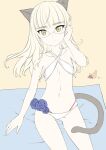  1girl animal_ears aohashi_ame beach blonde_hair blush breasts cat_ears cat_tail closed_mouth collarbone glasses long_hair looking_at_viewer navel perrine_h._clostermann sketch slingshot_swimsuit small_breasts smile solo strike_witches swimsuit tail white_swimsuit world_witches_series 