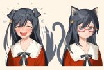  1girl ^_^ ^o^ animal_ears bangs black_hair blush cat_ears cat_tail closed_eyes commentary_request cropped_torso dog_ears dog_tail expressionless facing_viewer glasses happy kemonomimi_mode korean_commentary long_hair looking_at_viewer love_live! love_live!_nijigasaki_high_school_idol_club multiple_views namgic neck_ribbon open_mouth red-framed_eyewear ribbon simple_background sparkle tail tail_wagging upper_body yellow_background yuuki_setsuna_(love_live!) 
