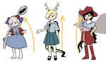  3girls antlers bandana bare_legs bare_shoulders barefoot black_footwear black_hair black_wings blonde_hair blue_dress blue_shirt blue_skirt blue_vest blush boots brown_dress brown_headwear commentary_request cowboy_boots cowboy_hat cowboy_western curly_hair dragon_girl dragon_horns dragon_tail dress earrings full_body grey_hair hand_on_hip hat holding_spork horns horse_girl horse_tail jewelry kaigen_1025 kicchou_yachie kurokoma_saki mary_janes multicolored_clothes multicolored_dress multiple_girls off-shoulder_dress off_shoulder oil pegasus_wings pink_dress pointy_ears ponytail puffy_short_sleeves puffy_sleeves red_horns red_sleeves sharp_teeth sheep_horns shirt shoes short_hair short_sleeves simple_background skirt socks standing tail teeth touhou toutetsu_yuuma turtle_shell vest white_background white_bandana white_legwear wings 