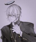  1boy arknights black_shirt cross cross_necklace executor_(arknights) formal glasses gloves halo jewelry male_focus mechanical_halo necklace pienahenggou priest shirt short_hair simple_background solo upper_body white_background white_gloves white_hair 