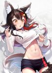  1girl abs animal_ear_fluff animal_ears bangs black_hair black_shorts blush breasts clothes_lift clothes_pull clothing_cutout fingernails flipped_hair groin hair_between_eyes hair_ornament hairclip highres hololive lifted_by_self long_hair looking_down low_ponytail medium_breasts midriff mitsuru_(pixiv_34028718) multicolored_hair navel ookami_mio redhead shirt shirt_lift short_shorts shorts shorts_pull shoulder_cutout sidelocks solo spiky_hair streaked_hair tail tail_around_leg tail_wrap toned very_long_hair virtual_youtuber white_hair white_shirt wolf_ears wolf_girl wolf_tail yellow_eyes 