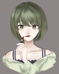  1girl collarbone cropped_torso empty_eyes green_eyes green_hair grey_background highres idolmaster idolmaster_shiny_colors inase_(1na1000) lipstick lipstick_mark looking_at_viewer makeup nanakusa_nichika parted_lips simple_background solo upper_body 