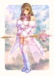  avatar_(ff14) blue_eyes boots breasts brown_hair commission commissioner_upload final_fantasy final_fantasy_xiv highres kodue55 large_breasts ribbon staff thigh-highs wavy_hair 