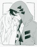  1boy 1girl bandaged_chest bandaged_head bandages bangs black_hair black_shirt commentary_request couple dotted_line hair_between_eyes hetero hood hood_up hooded_jacket imminent_kiss isaac_foster jacket long_hair looking_at_another looking_at_viewer monochrome profile rachel_gardner satsuriku_no_tenshi shirt short_hair simple_background striped striped_shirt tooru_(jux) upper_body white_background white_shirt 