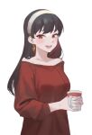  1girl :d bare_shoulders black_hair cup earrings hair_down hairband half-closed_eyes highres holding holding_cup jewelry long_hair looking_at_viewer misaka_03 open_mouth red_eyes red_sweater sidelocks simple_background smile solo spy_x_family sweater white_background yor_briar 