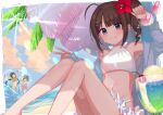  &gt;_&lt; 3girls :d ^_^ arm_up bangs bare_shoulders bikini blue_sky blurry blurry_foreground breasts brown_hair casual_one-piece_swimsuit character_request cherry closed_eyes clouds day depth_of_field drill_hair drink eyebrows_visible_through_hair eyewear_removed feet_out_of_frame flower food fruit grin hair_flower hair_ornament hairclip heart heart-shaped_eyewear highres holding holding_eyewear idolmaster idolmaster_million_live! jacket knees_together_feet_apart knees_up looking_at_viewer multiple_girls navel off_shoulder one-piece_swimsuit open_clothes open_jacket palm_tree pink_swimsuit purple_jacket red_flower side_drill side_ponytail sitting sky small_breasts smile solo_focus splashing sunglasses swimsuit tree uzura_(bonnet225) violet_eyes water white-framed_eyewear white_bikini xd yellow_bikini yokoyama_nao 
