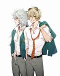  2boys alternate_costume bandaid bandaid_on_cheek bandaid_on_face bandaid_on_nose belt bennett_(genshin_impact) black_belt blazer blonde_hair commentary diagonal-striped_necktie english_commentary eriimyon eyewear_on_head genshin_impact green_eyes green_jacket grey_hair grey_pants grin hand_in_pocket highres holding holding_clothes holding_jacket jacket jacket_over_shoulder jacket_removed jewelry long_hair long_sleeves looking_at_viewer looking_to_the_side loose_necktie male_focus multiple_boys necklace necktie open_clothes open_jacket pants pectoral_cleavage pectorals razor_(genshin_impact) red_eyes scar scar_on_face school_uniform shirt shirt_tucked_in short_hair simple_background smile standing striped_necktie twitter_username untucked_shirt white_background white_shirt 