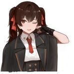  1girl bangs black_gloves black_jacket brown_eyes brown_hair cropped_torso eyebrows_visible_through_hair fingerless_gloves girls_frontline gloves hair_ribbon hand_in_own_hair highres jacket long_hair looking_at_viewer necktie one_eye_closed open_mouth rampart1028 red_necktie red_ribbon ribbon shirt smile solo twintails type_95_(girls&#039;_frontline) upper_body white_background white_shirt 