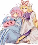  2girls :t blonde_hair blue_headwear blue_kimono closed_mouth dress hat highres holding_person hu_su japanese_clothes kimono kirby kirby_(series) long_hair long_sleeves looking_at_another mob_cap multiple_girls one_eye_closed pink_eyes pink_hair saigyouji_yuyuko short_hair simple_background sitting smile tabard touhou violet_eyes white_background white_dress white_headwear wide_sleeves yakumo_yukari 