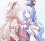  2girls arm_strap bangs blue_dress blue_hair blue_headwear blue_skirt blush bow commentary dress eyebrows_visible_through_hair fujiwara_no_mokou hair_between_eyes hat hat_ribbon kamishirasawa_keine long_hair long_sleeves looking_at_another multiple_girls neck_ribbon pants puffy_long_sleeves puffy_sleeves red_eyes red_legwear red_ribbon red_scarf ribbon scarf shimishimi15 shirt sidelocks skirt suspenders tokin_hat touhou very_long_hair white_bow white_hair white_scarf white_shirt 