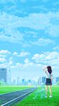  animated animated_gif brown_hair cityscape clouds day genuinehuman ghost highres looking_afar outdoors pixel_art railroad_tracks shirt shoes skirt sneakers standing t-shirt third-party_source wind 