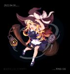  1girl artist_name bangs black_background black_footwear black_headwear blonde_hair bow broom broom_riding dated full_body hand_on_headwear hat hat_bow king_liu kirisame_marisa lamp long_hair looking_at_viewer open_mouth pixel_art simple_background solo touhou white_bow white_legwear witch_hat yellow_eyes 