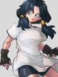  1girl :o bike_shorts black_hair blue_eyes brown_gloves dragon_ball dragon_ball_z gloves grey_background kemachiku looking_to_the_side shirt short_sleeves simple_background t-shirt twintails videl white_shirt 