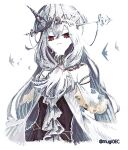  1girl animal arknights bare_shoulders expressionless fish hat highres long_hair looking_at_viewer mugioec red_eyes simple_background skadi_(arknights) skadi_the_corrupting_heart_(arknights) skadi_the_corrupting_heart_(sublimation)_(arknights) solo very_long_hair white_background 