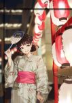  1girl absurdres blurry blurry_background brown_eyes brown_hair cokio earrings hair_ribbon hand_fan highres japanese_clothes jewelry kimono lantern lips looking_to_the_side obi original parted_lips ribbon sash solo standing upper_body 