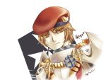  1boy armor bangs beret breastplate brown_eyes brown_hair chinese_commentary closed_mouth commentary_request cross dated eyebrows_visible_through_hair eyes_visible_through_hair fumiao hair_between_eyes hat looking_at_viewer male_focus pauldrons ragnarok_online red_headwear royal_guard_(ragnarok_online) short_hair shoulder_armor signature simple_background smile solo upper_body white_background 