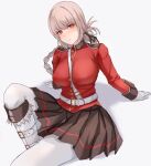  1girl arm_support black_skirt blush boots breasts dutch_angle expressionless fate/grand_order fate_(series) florence_nightingale_(fate) gloves grey_hair highres jacket knee_boots knee_up large_breasts legwear_under_shorts long_braid looking_at_viewer military military_uniform red_eyes red_jacket shorts skirt solo uniform white_footwear white_gloves zundakun0123 