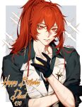  1boy black_gloves cup diluc_(genshin_impact) drinking_glass eriimyon genshin_impact gloves happy_birthday high_ponytail highres holding holding_cup looking_at_viewer red_eyes redhead scar scar_on_arm smile 