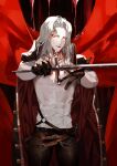  1boy abs alucard_(castlevania) artist_name belt black_cape blood blood_from_eyes brown_gloves cape castlevania chain covered_abs covered_navel crying crying_with_eyes_open eyelashes fang gloves holding holding_sword holding_weapon long_eyelashes long_hair looking_at_viewer male_focus multicolored_cape multicolored_clothes o-ring parted_lips red_cape sheath shei99 solo sword tears toned toned_male two-tone_cape unsheathed watermark weapon white_hair yellow_eyes 