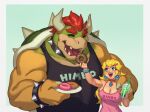  1boy 1girl blonde_hair blue_eyes blush bowser bracelet breasts bubble_tea couple doughnut earrings food giant giant_male height_difference hetero highres horns jewelry large_breasts long_hair muscular muscular_male princess_peach riz size_difference spiked_bracelet spikes super_mario_bros. teeth 