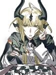  1girl arknights blonde_hair dragon_girl dragon_horns eyebrows_visible_through_hair green_eyes highres hkeno holding holding_toy horns long_sleeves reed_(arknights) simple_background sitting thinking toy white_background 