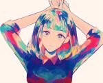  1girl arms_behind_head arms_up bangs blunt_bangs collared_shirt colorful expressionless head_tilt highres looking_at_viewer medium_hair multicolored_eyes multicolored_hair original portrait sharp911 shirt solo sweater 
