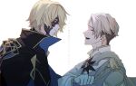  2boys blonde_hair blue_eyes dainsleif_(genshin_impact) genshin_impact gloves halfdan_(genshin_impact) hand_on_own_chest high_collar highres mask_over_one_eye multiple_boys profile shiro_1504 short_hair smile white_gloves white_hair 