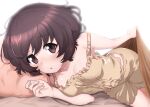  1girl akiyama_yukari armpit_peek bed_sheet blush breasts brown_eyes brown_hair eyebrows_visible_through_hair girls_und_panzer highres looking_at_viewer lying on_side open_mouth pillow shiina_excel shiny shiny_hair shiny_skin short_hair shorts simple_background small_breasts solo white_background 