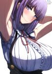  1girl absurdres armpits arms_up artist_name bangs black_skirt blush breasts collar dagashi_kashi english_commentary eyebrows_visible_through_hair frilled_collar frilled_shirt frilled_sleeves frills head_tilt highres large_breasts looking_at_viewer medium_hair mixed-language_commentary purple_hair red_ribbon ribbon shadow shidare_hotaru shiny shiny_hair shiny_skin shirt short_sleeves simple_background skirt smile solo suspender_skirt suspenders sweat tomodachi_(tomofanart) upper_body violet_eyes white_background 