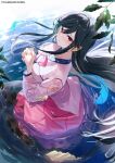  1girl black_hair boku_no_kanojo_wa_ningyohime!? breasts colored_inner_hair commentary_request highres koma_ion korean_clothes large_breasts leaf long_hair long_sleeves looking_at_viewer mermaid monster_girl multicolored_hair official_art own_hands_clasped own_hands_together pink_skirt red_eyes shirt shnva sidelocks skirt solo two-tone_hair very_long_hair water wet wet_clothes white_hair white_shirt 