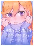  1girl artist_name bangs blush character_name closed_mouth commentary_request dated hair_between_eyes happy_birthday highres long_hair long_sleeves looking_at_viewer love_live! orange_hair purple_sweater shibuya_kanon sleeves_past_wrists solo sweater turtleneck turtleneck_sweater upper_body uuu&amp;no violet_eyes 
