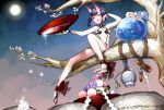  1girl :d alcohol bare_arms bare_shoulders collarbone cup dripping fate/grand_order fate_(series) flower food fruit full_body full_moon gourd grapes hand_up holding holding_cup horns in_tree moon no_shoes oni oni_horns peach pink_flower purple_hair revealing_clothes rope sakazuki sake short_hair shuten_douji_(fate) sitting sitting_in_tree smile solo tree uzura_(bonnet225) violet_eyes 