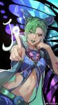  1girl bangs blue_hair blue_pants bo_bo_yangmao_fan braid chinese_commentary commentary_request cowboy_shot crop_top double_bun green_eyes green_hair green_lips highres jacket jojo_no_kimyou_na_bouken kujo_jolyne looking_at_viewer midriff multicolored_hair navel navel_piercing o-ring_belt open_clothes open_jacket outstretched_arm pants piercing pointing short_hair smile solo stone_ocean swept_bangs two-tone_hair weibo_logo weibo_username 