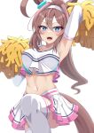  animal_ears armpits blue_eyes blush breasts brown_hair cheerleader commentary_request detached_sleeves highres horse_ears horse_girl horse_tail large_breasts leg_up looking_at_viewer midriff mihono_bourbon_(umamusume) nanao_(naoekaki25) navel pom_pom_(cheerleading) ponytail simple_background tail thigh-highs umamusume white_background 