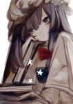  1girl :| bangs blue_bow book bow closed_mouth crescent dress eyeshadow grey_eyes hair_between_eyes hair_bow hand_on_own_cheek hand_on_own_face hat head_tilt highres holding holding_book long_hair makeup mob_cap patchouli_knowledge purple_hair red_bow solo star_(symbol) touhou violet_eyes white_dress zhixie_jiaobu 