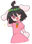  1girl animal_ears black_hair carrot_necklace dress floppy_ears frilled_dress frilled_sleeves frills highres inaba_tewi op_na_yarou pink_dress pink_eyes puffy_short_sleeves puffy_sleeves rabbit_ears rabbit_tail ribbon-trimmed_dress short_hair short_sleeves simple_background solo tail touhou wavy_hair white_background 