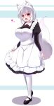  1girl alternate_costume animal_ears black_footwear breasts eyebrows_visible_through_hair fang full_body heart highres inubashiri_momiji large_breasts long_sleeves looking_at_viewer maid maid_headdress open_mouth red_eyes short_eyebrows short_hair sivamaron smile solo standing striped striped_background tail touhou white_hair white_legwear wolf_ears wolf_tail 