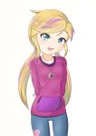  1girl :d ass_visible_through_thighs blonde_hair blue_eyes breasts child denim highres hood hoodie jeans jewelry locket multicolored_hair necklace pants pendant petite polly_pocket polly_pocket_(character) purple_hair skinny small_breasts smile solo teenage thigh_gap tight tight_pants twintails undershirt zoxriver503 
