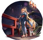  6+girls artist_request azur_lane back_turned bangs blonde_hair braid breasts character_request closed_mouth drill_hair fireworks floral_print geta highres japanese_clothes kimono kinchaku lantern large_breasts looking_at_viewer multiple_girls nelson_(azur_lane) nelson_(azure_and_gold_summer_night)_(azur_lane) night obi official_art paper_lantern pouch print_kimono red_eyes rodney_(azur_lane) sash solo_focus transparent_background twintails 