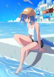  1girl absurdres azuumori bare_shoulders baseball_cap black_shorts blue_hair breasts collarbone english_commentary feet fish_tail hair_between_eyes hat highres looking_down medium_breasts ocean original partially_submerged red_eyes shark_girl shark_girl_(azuumori) shark_tail short_hair short_ponytail short_shorts shorts sitting solo tail tank_top thighs white_tank_top yellow_headwear 