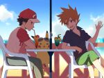  2boys bangs baseball_cap black_hair blue_oak buttons capri_pants chair clouds commentary_request day drinking drinking_straw glass hair_between_eyes hand_up hanging hat kurochiroko multiple_boys on_chair open_mouth orange_hair outdoors pants pikachu pokemon pokemon_(creature) pokemon_(game) pokemon_sm profile red_(pokemon) shirt short_sleeves sitting sky spiky_hair sunglasses table teeth tongue 