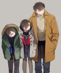  1girl 2boys absurdres akka bangs brother_and_sister brothers brown_eyes brown_hair coat denim duffel_coat earrings fur-trimmed_jacket fur_trim gakuran hands_in_pockets highres hoop_earrings jacket jeans jewelry leaning_forward looking_afar looking_away multiple_boys open_mouth original pants pantyhose parted_lips pleated_skirt school_uniform serafuku siblings skirt sweater swept_bangs turtleneck turtleneck_sweater winter_clothes winter_coat 