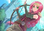  akuru_(akr369akr) alternate_costume alternate_hairstyle arrow_(projectile) bangs bow_(weapon) braid braided_ponytail castle fire_emblem fire_emblem:_the_sacred_stones headband holding holding_arrow holding_bow_(weapon) holding_weapon long_hair neimi_(fire_emblem) outdoors pink_hair solo very_long_hair weapon 
