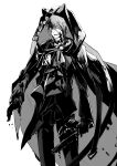  1boy animal_ears arknights black_cape black_gloves blood blood_on_clothes blood_on_face blood_on_knife cape cat_boy cat_ears cowboy_shot formal gloves highres id_card infection_monitor_(arknights) iwashi_80 knife male_focus monochrome phantom_(arknights) short_hair suit 