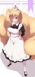  1girl alternate_costume animal_ears apron bangs black_footwear blonde_hair breasts closed_mouth eyebrows_visible_through_hair fox_ears fox_tail hands_on_hips highres large_breasts looking_at_viewer maid maid_apron maid_headdress multiple_tails short_hair sivamaron smile solo tail touhou white_legwear yakumo_ran yellow_eyes 