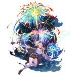  1girl arrow_(projectile) black_skirt bow_(weapon) breasts brown_footwear cupitan_(granblue_fantasy) fireworks floating gradient_hair granblue_fantasy green_eyes hair_between_eyes holding holding_bow_(weapon) holding_weapon jacket large_breasts loafers minaba_hideo multicolored_hair official_art open_clothes open_jacket open_mouth pouch rainbow_hair red_legwear shirt shoes skirt socks solo teeth transparent_background twintails upper_teeth weapon white_shirt 