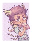  1boy :3 :p animal_ears bird_ears blue_shirt blush box brown_hair clothes_writing dark-skinned_male dark_skin facial_hair gift gift_box goatee gradient_hair head_tilt head_wings hermes_(housamo) holding holding_gift hs_640 male_focus multicolored_hair shirt short_hair solo tokyo_afterschool_summoners tongue tongue_out translation_request upper_body 